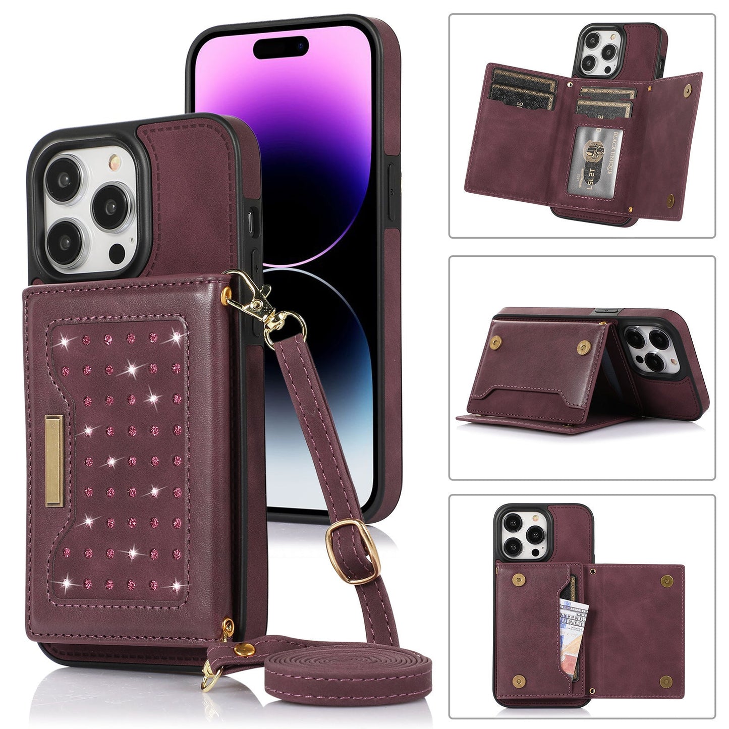 New Bling Glitter Card Holder Phone Case with Long Lanyard for iPhone 14/13/12/Pro/Plus/Mini/Pro Max