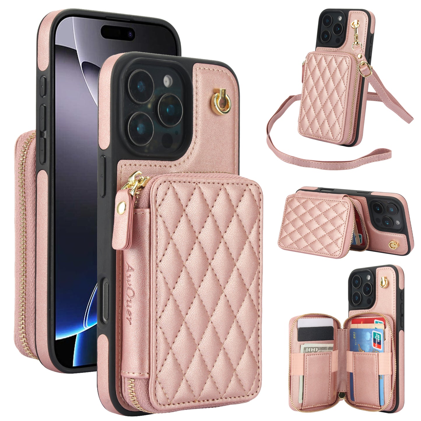 New RFID Blocking Crossbody Zipper Wallet Leather Phone Case for iPhone 16/16e/16 Pro/16 Plus/16 Pro Max
