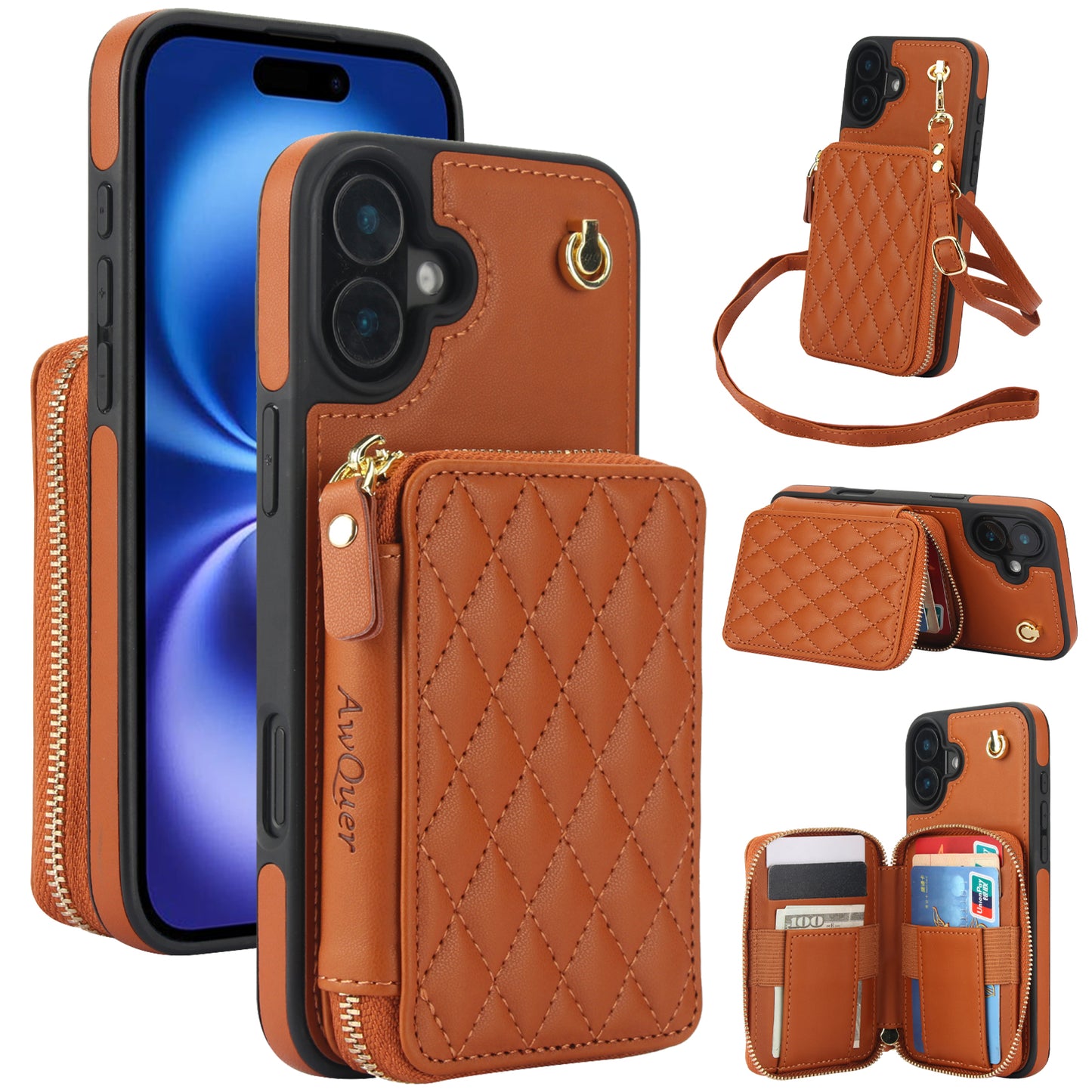 New RFID Blocking Crossbody Zipper Wallet Leather Phone Case for iPhone 16/16e/16 Pro/16 Plus/16 Pro Max