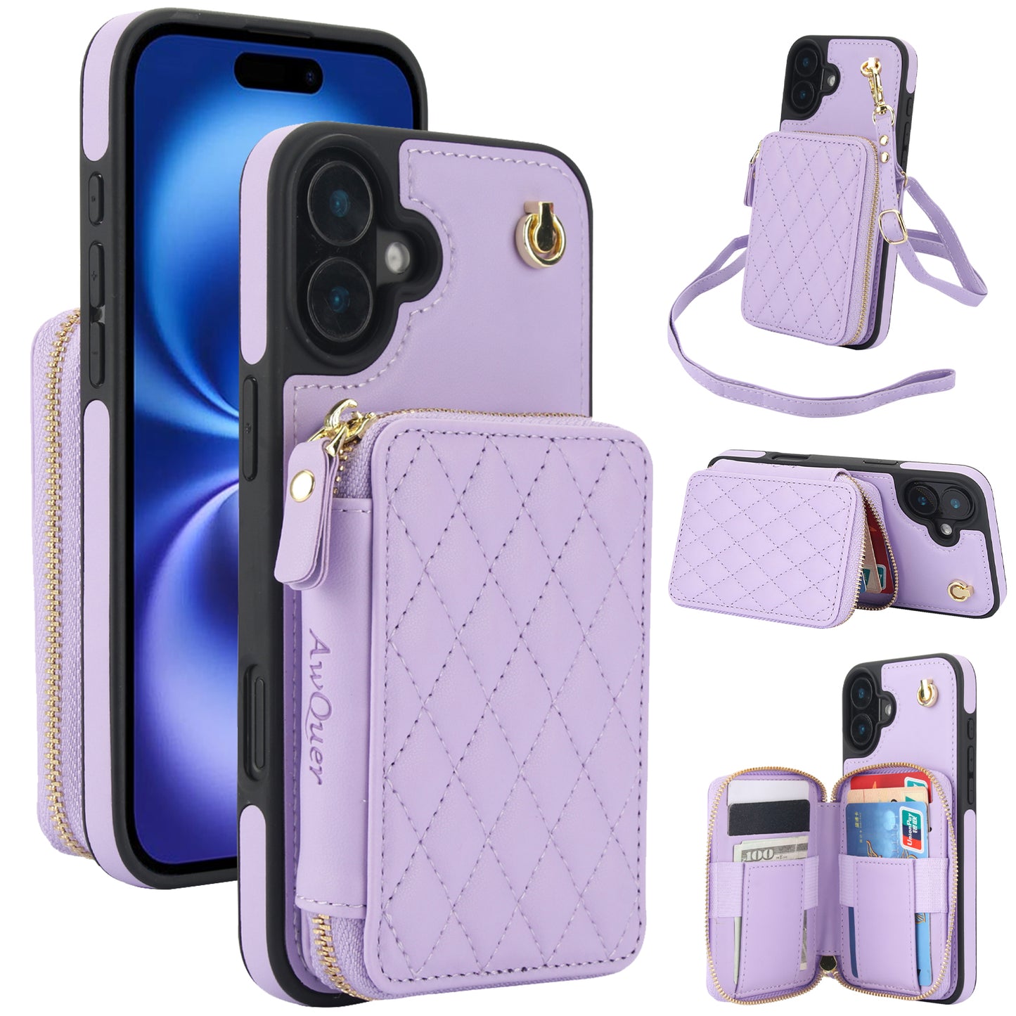 New RFID Blocking Crossbody Zipper Wallet Leather Phone Case for iPhone 16/16e/16 Pro/16 Plus/16 Pro Max