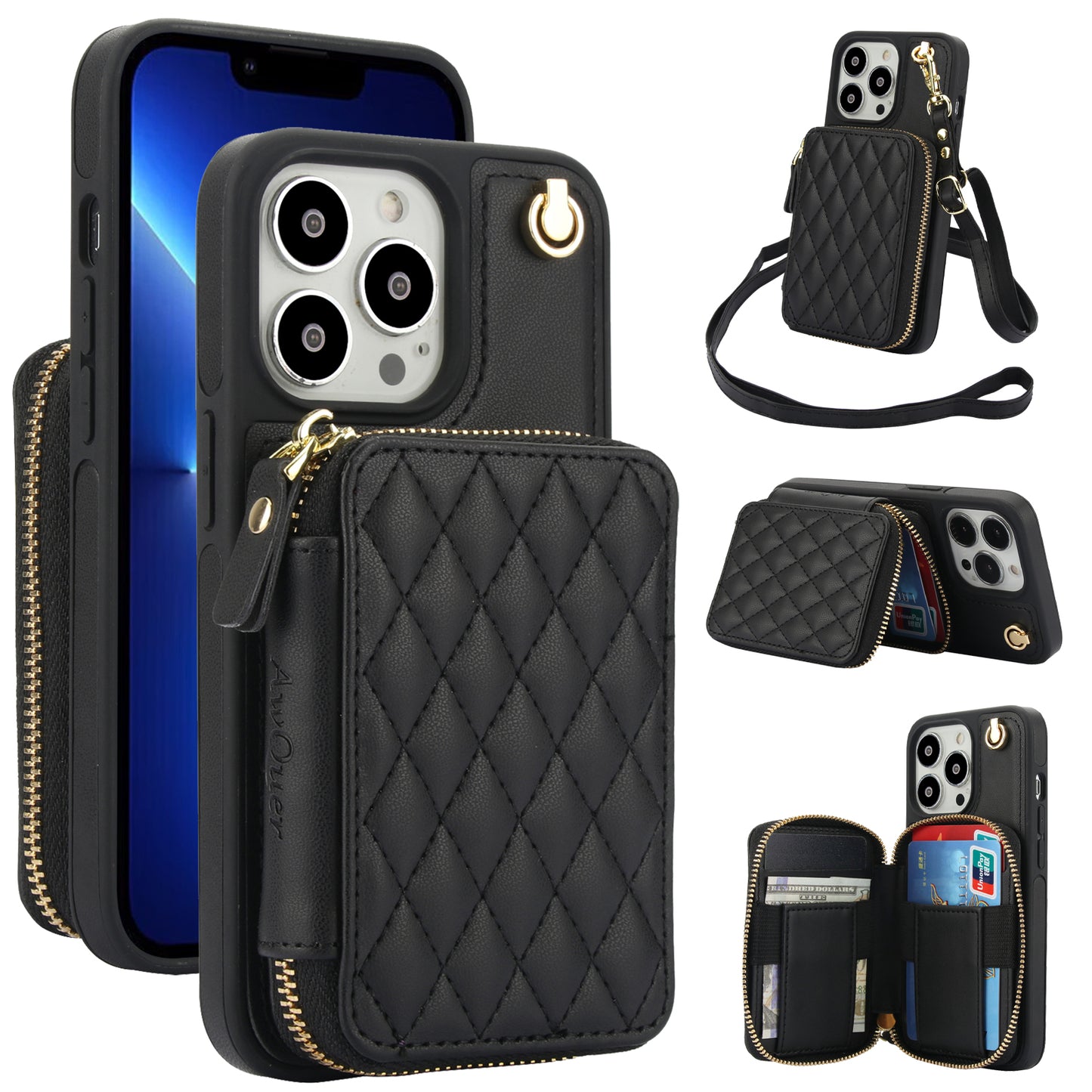 New RFID Blocking Crossbody Zipper Wallet Leather Phone Case for iPhone
