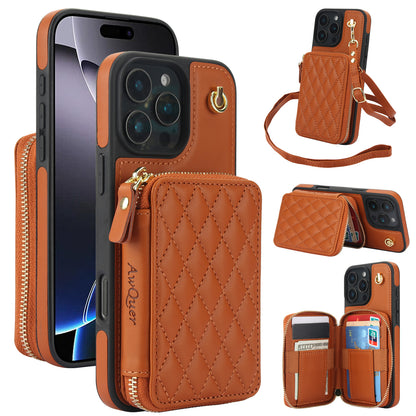 New RFID Blocking Crossbody Zipper Wallet Leather Phone Case for iPhone 16/16e/16 Pro/16 Plus/16 Pro Max