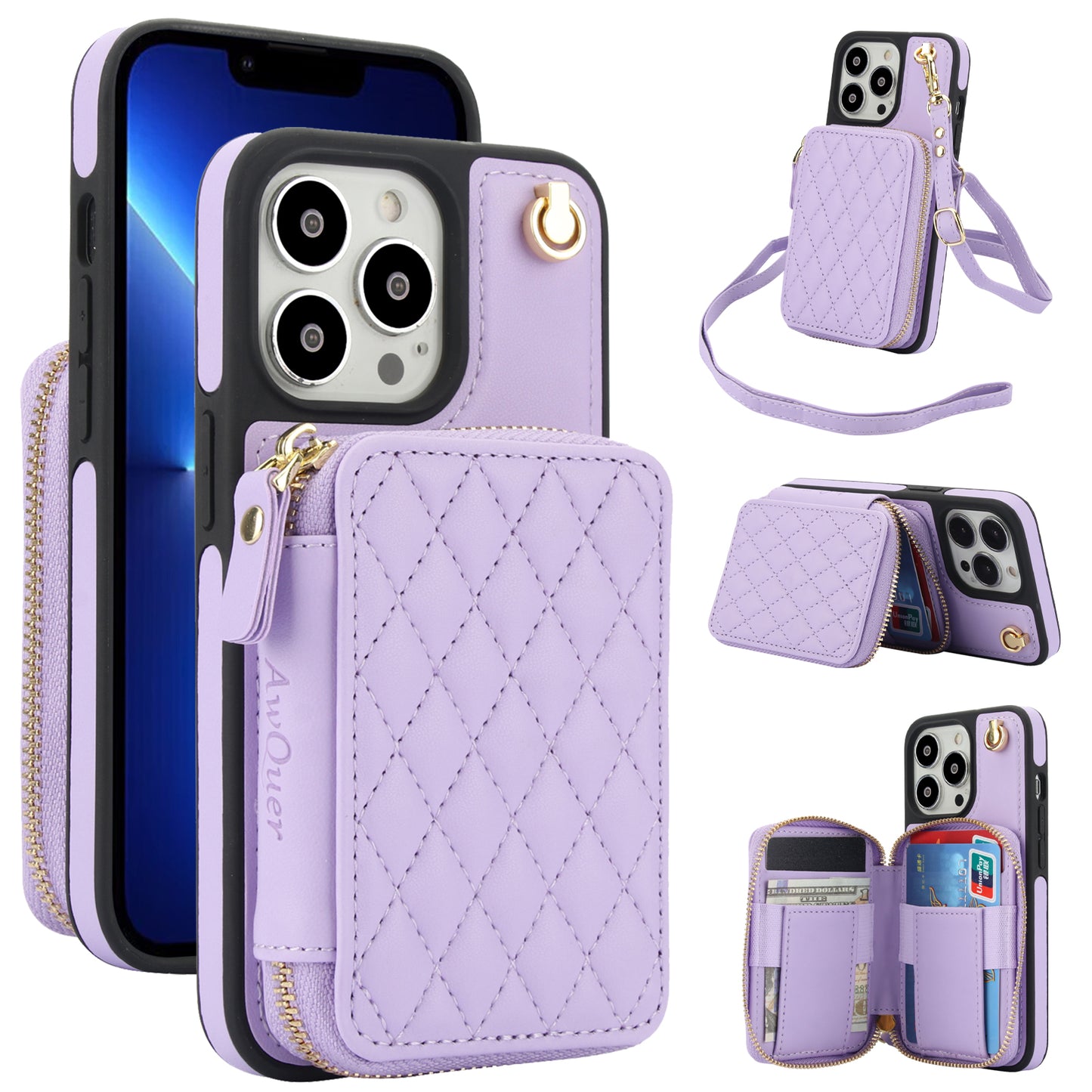 New RFID Blocking Crossbody Zipper Wallet Leather Phone Case for iPhone