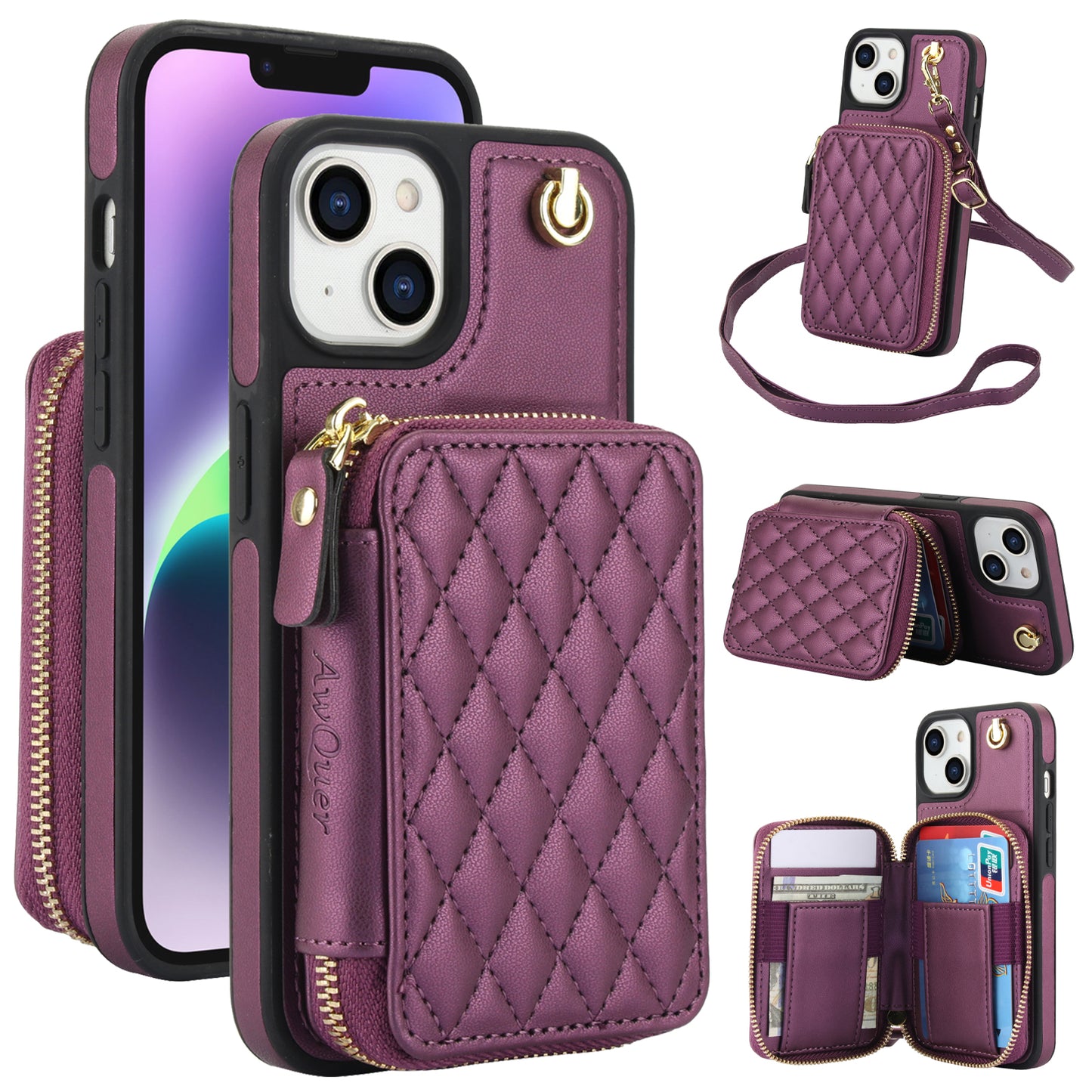 New RFID Blocking Crossbody Zipper Wallet Leather Phone Case for iPhone