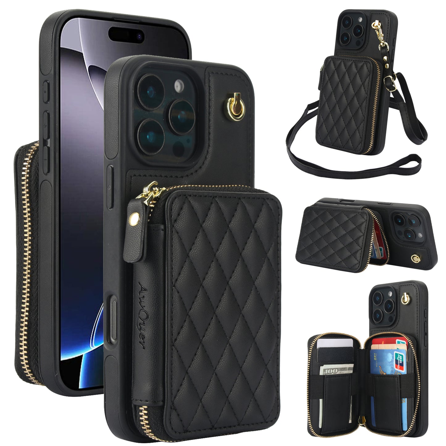 New RFID Blocking Crossbody Zipper Wallet Leather Phone Case for iPhone 16/16e/16 Pro/16 Plus/16 Pro Max