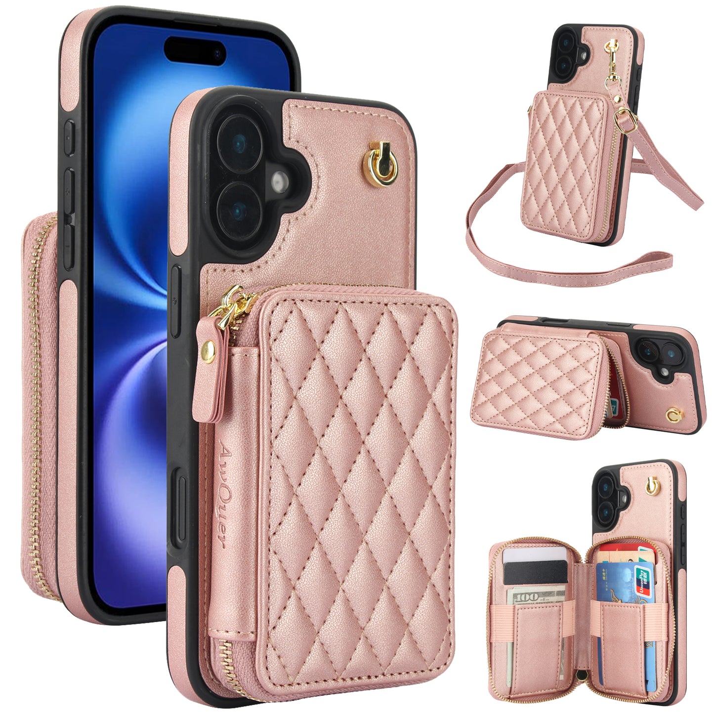 New RFID Blocking Crossbody Zipper Wallet Leather Phone Case for iPhone 16/16e/16 Pro/16 Plus/16 Pro Max