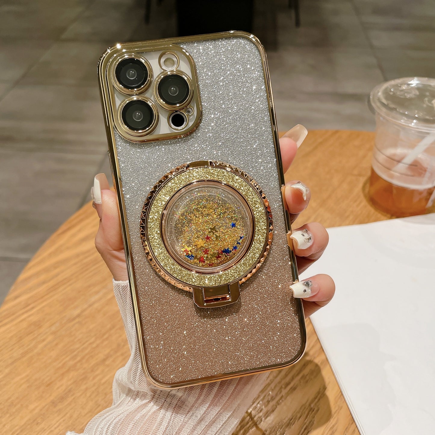 New Quicksand Bracket Electroplated Glitter Lens Protector Phone Case for iPhone